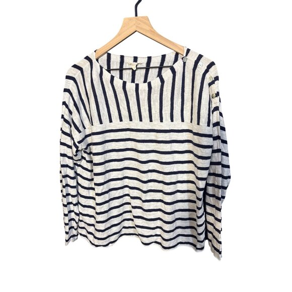 Eileen Fisher Womens L Striped Organic Linen & Cotton Button Shoulder Sweater W - Picture 2 of 6